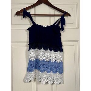 Lulumari S Navy Blue Smocked Crochet Lace Tie Strap Camisole Boho Festival Top